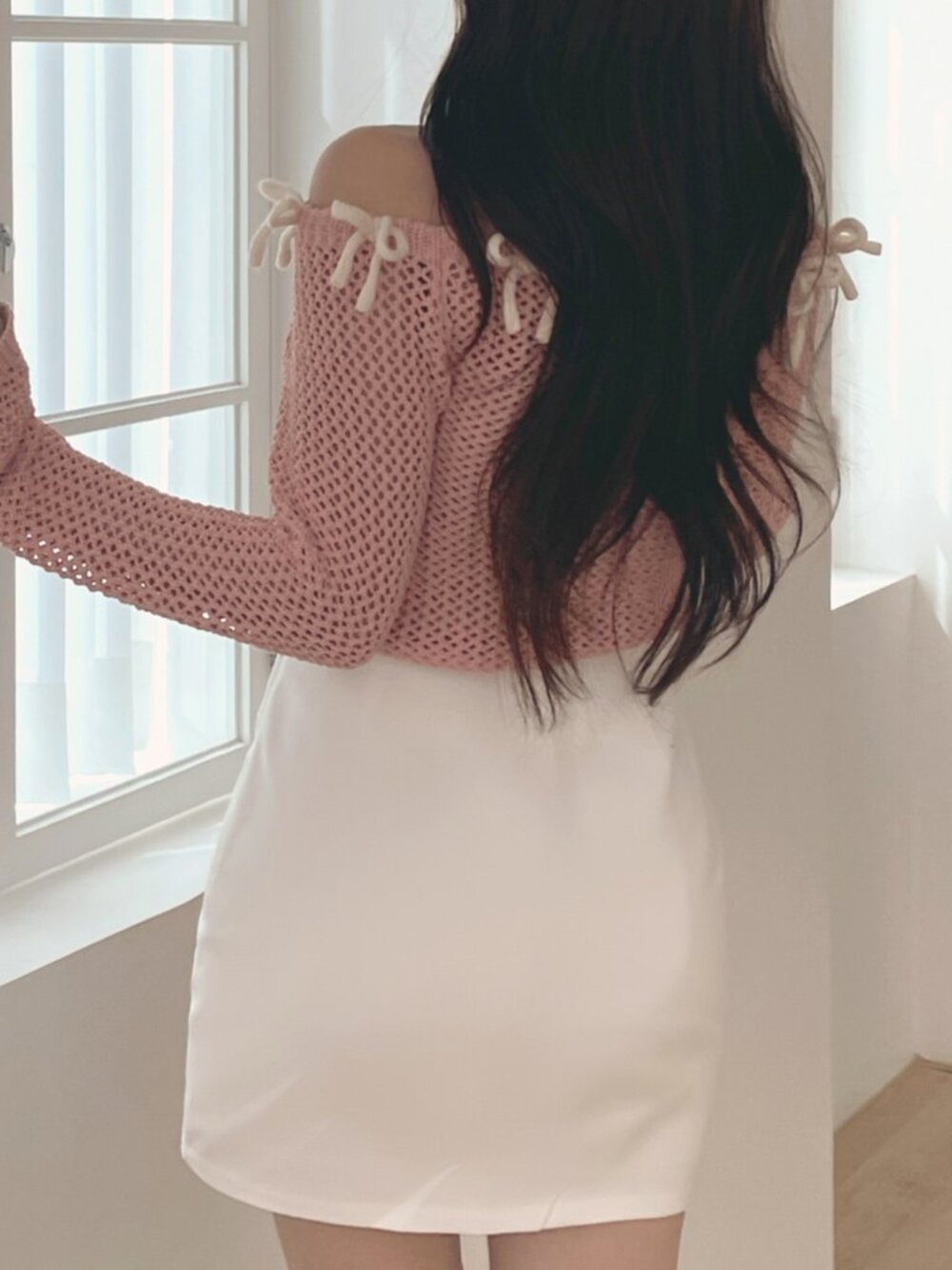 Pink Casual Women's Bow Contrast Color Fitted Cold Shoulder Long Sleeve Pullover - Picture 2 of 8